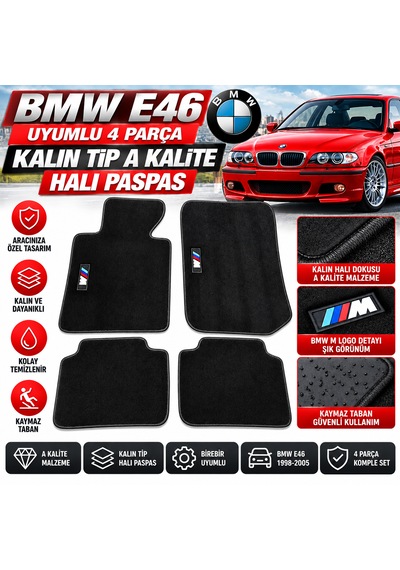 Bmw E46 Uyumlu 4 Parça Kalın Tip A Kalite Halı Paspas