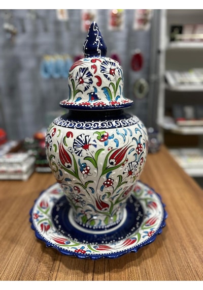 Tabaklı Büyük Boy Şah Küpü 40 Cm Lale Desenli Kütahya Çini Mavi