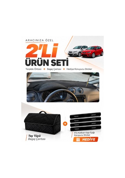 E-biz Seat Ibıza 2008-2017 Uyumlu Torpido Örtüsü + Tay Tüyü Bagaj Çantası Seti - Siyah - Se004
