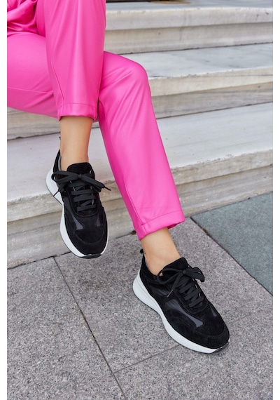 Roma Siyah Süet Hakiki Deri Kadın Sneaker-Siyah Süet Siyah