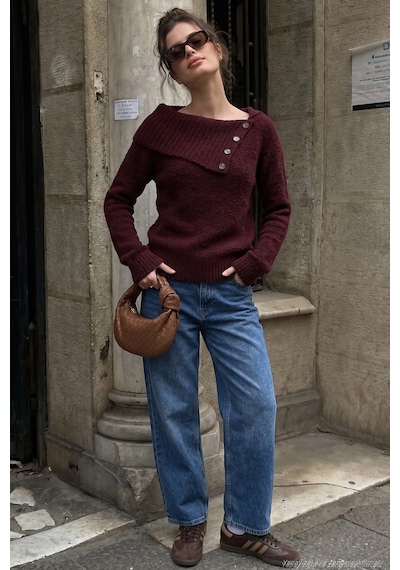 Lela Premium Regular Fit Kayık Yaka Düğme Detaylı Bayan Kazak 680Kz002563 Bordo
