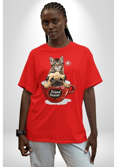 Kedi Ve Köpek Sonsuzadek Arkadaşız Pamuklu Bisiklet Yaka Unisex Oversize Boyfriend Dijital Baskılı Kırmızı T-shirt Kırmızı