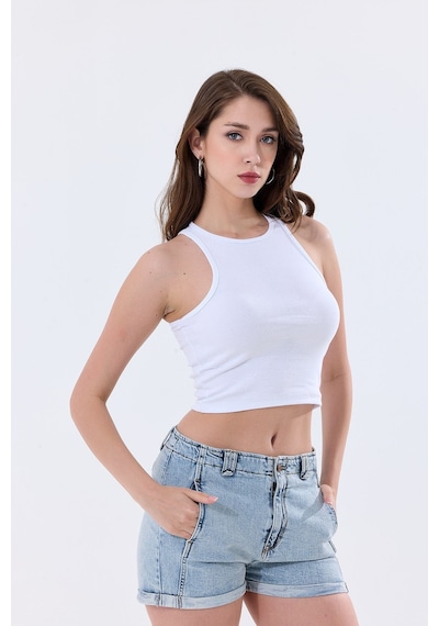 5'li Kadın Pamuklu Likralı Ribana Fitilli Crop Atlet Tişört 27120 Saks Mavi