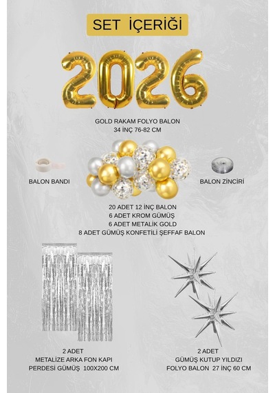 2026 Mezuniyet Parti Seti Gold Gümüş Balon Seti Kutup Yıldızlı Konsept Altın - Gümüş