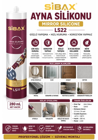 Sibax Ayna Silikonu Çok Hızlı Kuruma Korozyon Yapmaz Cam Ahşap Beton Metale Yapışır 280 Ml