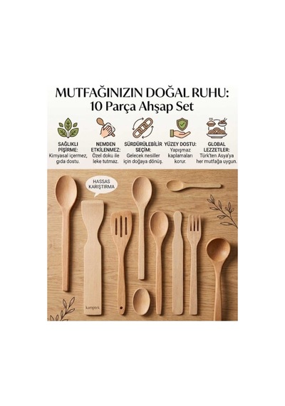 Kamptek 10 Parça Doğal Ahşap Mutfak Seti - Sağlıklı Kaşık, Spatula, Çatal Yemek Pişirme Seti Çeyiz Seti