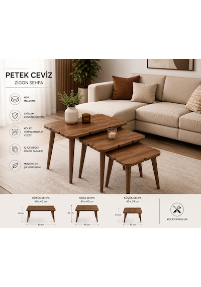Petek Ceviz Zigon Sehpa Takımı 3 Lü Acı Kahverengi