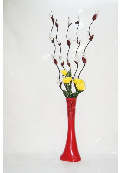 60 Cm Desenli Kırmızı Vazo 5 Adet Beyaz Üzüm ve Sarı Gül