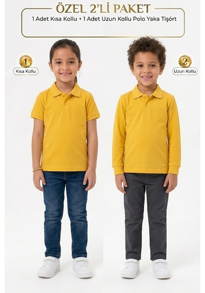 Nacar Store Unisex Çocuk Uzun Ve Kısa Kollu Polo Yaka Okul Tişörtü 2'li Set Koyu Sarı