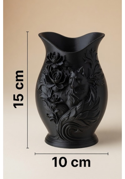 Kurt Desenli Gül Kabartmalı Dekoratif Vazo Mat Dokulu Ev Ofis Salon Masa Raf Süsü Çiçeklik 15x10 Cm Siyah