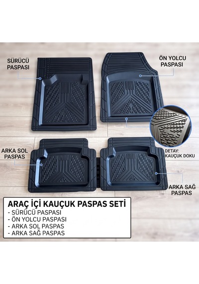 Araç İçi Paspas Seti - 4'lü Set - Karışık Desenler - Kauçuk - Kaymaz Yüzey
