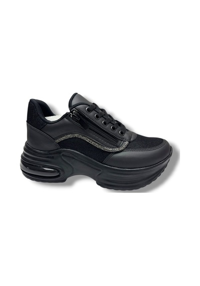 Modalendo 1511-26 Cilt Deri Simli Şeritli Anatomik Bağcıklı Kadın Sneaker Siyah