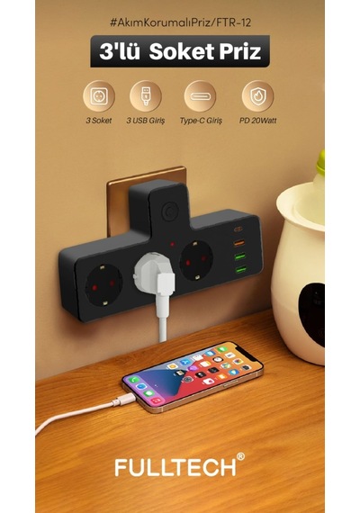Vothoon Ftr-12 Termal Akım Korumalı Isıya Dayanıklı 3 Lü Priz 3x Usb 1x Type-c 0