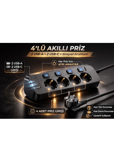Akım Korumalı 4 Lü Priz 3680w 2 Usb-a + 2 Type-c Bireysel Anahtarlı Aşırı Yük & Isı Korumalı Çoklu Priz 2 M