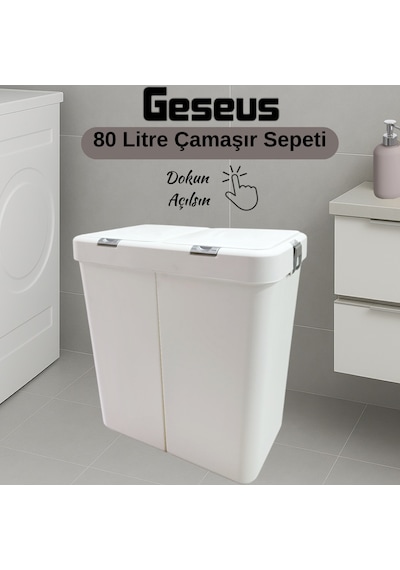 Gümüş Ikili Dokunmatik Çamaşır Sepeti Çöp Kovası Temizlik Kovası Kirli Sepet 80 Litre-mt009