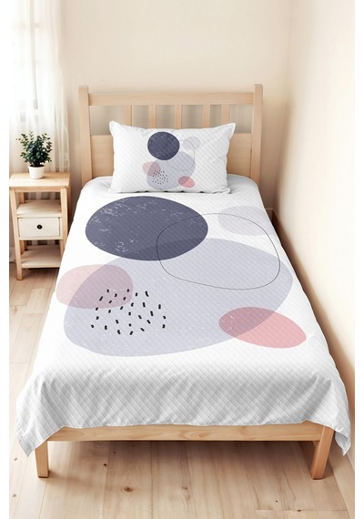 Geometrik Gri Genç Odası Tek Kişilik Pike Takımı - Modern Pudra 160x220 Cm Kapitone Yatak Örtüsü Gizli Çayır Pususu