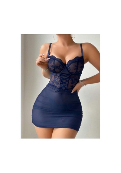 Selveta Lacivert Büstiyer Kesim Dantel Babydoll Gecelik Özel Geceler İç Giyim