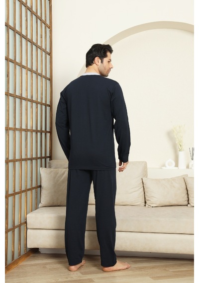 Enisena Erkek %100 Pamuklu Pijama Takımı-3 Düğmeli-12440 Koyu Lacivert