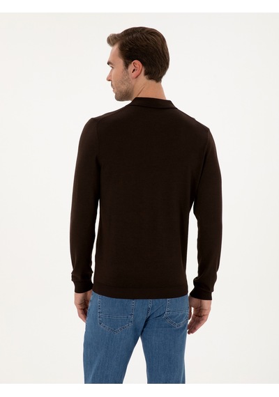 Cacharel Kahverengi Regular Fit Yün Karışımlı Fermuarlı Polo Yaka Basic Triko Kazak