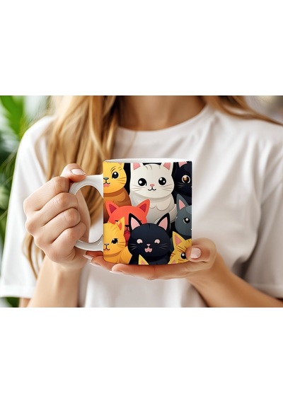 Renkli Kedi Desenli Kupa Bardak Sevimli Yüzlü Kahve Ve Çay Kupası - Hediye Beyaz