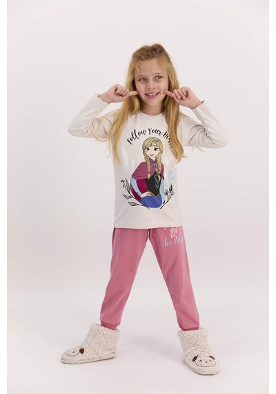 Frozen Lisanslı Follow Your Heart Kremmelanj Kız Çocuk Pijama Takımı Krem Melanj
