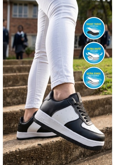 Cool Siyah-beyaz Bağcıklı Kalın Tabanlı Unisex Yürüyüş Ve Spor Ayakkabı Sneaker Pekin Kısa Siyah - Beyaz