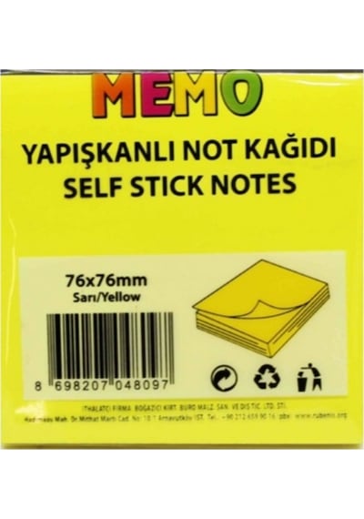 Memo Yapışkanlı Not Kağıdı 76x76mm Sarı - 3 Adet