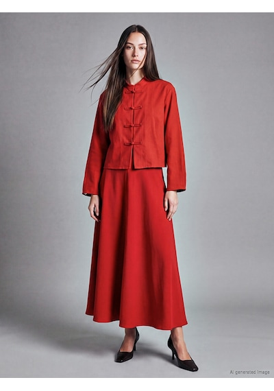 Lcw Modest Kırmızı Beli Fermuarlı Kloş Etek