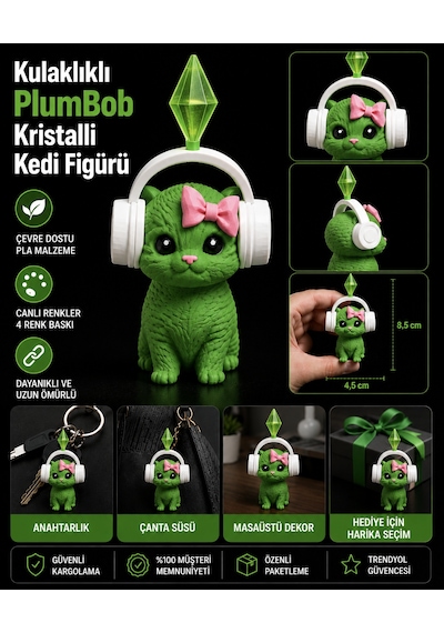 11 Cm Sims Plumbob Kulaklıklı Kristalli Kedi Figürü-dekoratif Sevimli Kedi Biblo