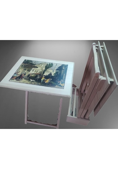 Zigon RESİMLİ ÇANTA sehpa model Parlak Bayaz Lake Kayın torna Nostalji El Yapım