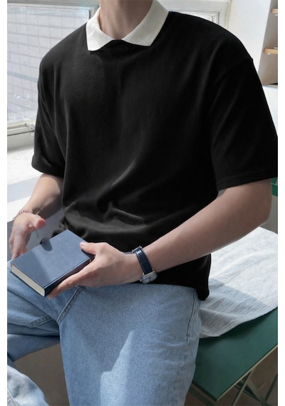 Erkek Kolej Yaka Tişört Kontrast Detaylı Casual Regular Polo Yaka T-shirt Siyah