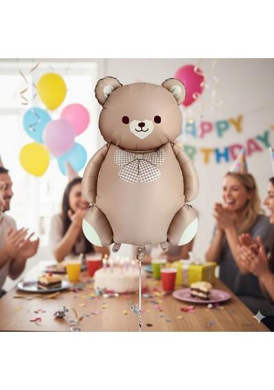 56,5x90 Cm Papyonlu Ayıcık Karamel Folyo Balon - Doğum Günü Parti Dekorasyon Balonu Çok Renkli