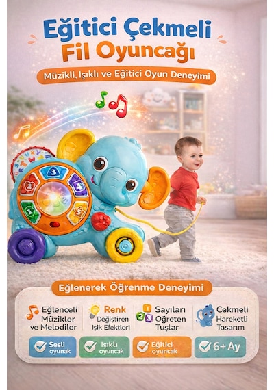 Çekmeli Fil Dostum Müzikli Işıklı Eğitici Oyuncak Sayı Öğreten 6+ Ay Bebek Oyuncağı
