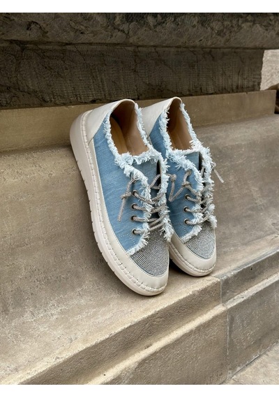 Erva'nın Butiği Kot Keten Jule Taş Bağcıklı Kadın Sneakers-5786