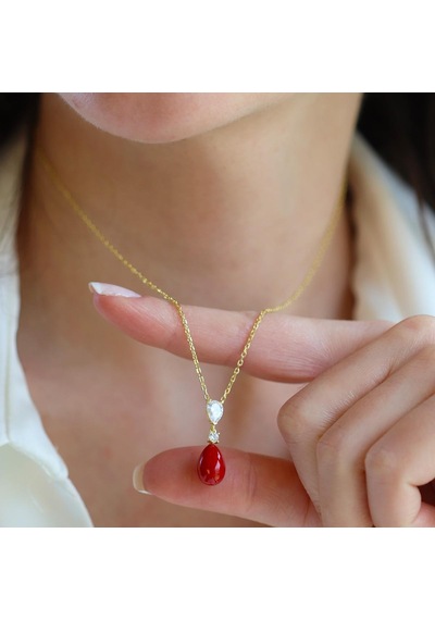 Mercan Taşlı Damla Gold Gümüş Set Gümüş