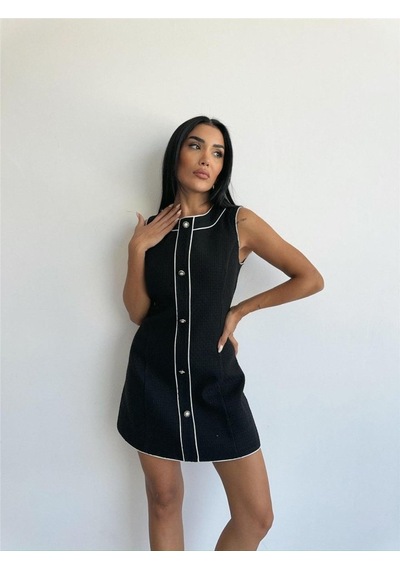 Dogutrend Chanel Kumaş Kısa Önden Düğmeli Elbise - Siyah