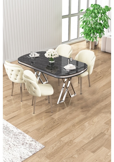 Canisa Zae Serisi 90x168 Lak Panel Siyah Mermer Desen Krom Ayak Masa Takımı 4 Krem Sandalye Masa Siyah Mermer Desen Sandalye Krem Canisa Zae Serisi 90x168 Lak Panel Siyah Mermer Desen Krom Ayak Masa Takımı 4 Krem Sandalye Masa Siyah Mermer Desen Sandalye Krem