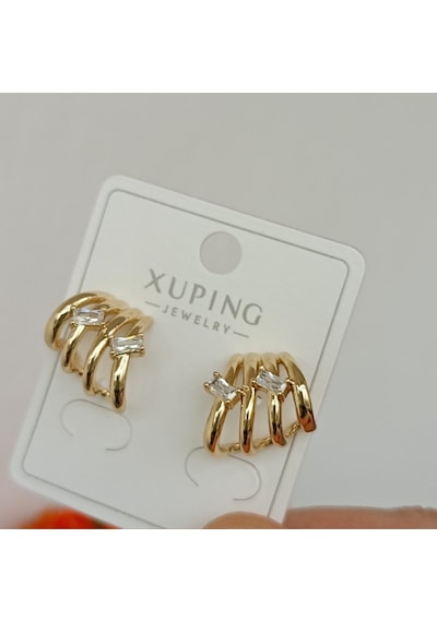 Lente Aksesuar 3'lü Görünümlü Zirkon Taşlı 14k Altın Kaplama Rengi Kadın Küpe Altın - Aqua