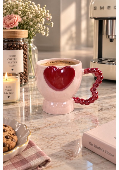 Petit Kalp Lüsterli Pembe Porselen Kupa 320 Ml-7758 Çok Renkli