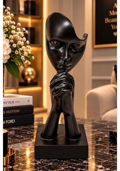 Mobee Siyah Sus İşareti Yapan Yüz Figürü Modern Soyut Dekoratif Heykel 5x16 Cm 034-b