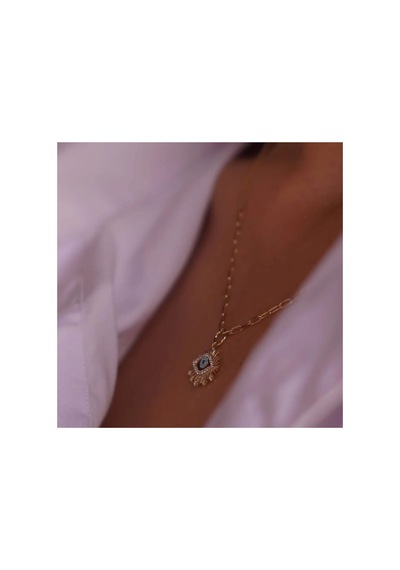 Lunarie Göz Figürlü Nazar Vintage Kolye 14k Gold Çerçeve Işınsal Altın