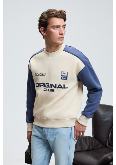 Grimelange MONTY Erkek Yuvarlak Yaka Baskılı Omuzları Yeşil Renkte Relaxed Fit Bej Sweatshirt