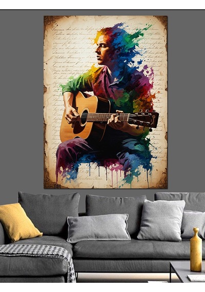 Ahşap Tablo Gitar Çalan Renkli Sanatçı Dekoratif Tablolar