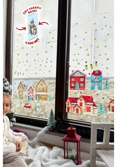 Çift Taraflı Baskılı Yılbaşı Karlı Şehir Yeni Yıl Çocuk Bebek Odası Sticker Seti, Çift Yönlü Yılbaşı Dijital Baskı