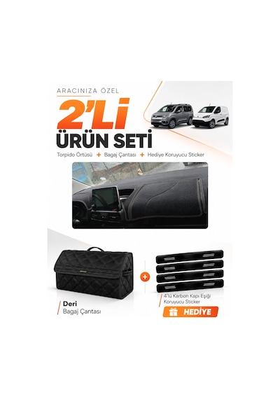 Toyota Proace Cıty 2020-2026 Uyumlu Torpido Örtüsü + Deri Bagaj Çantası + Sticker Seti - Siyah