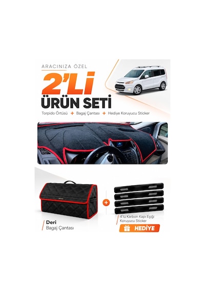 Ford Tourneo Connect 2013-2020 Uyumlu Torpido Örtüsü + Deri Çanta + Sticker - Siyah Kırmızı