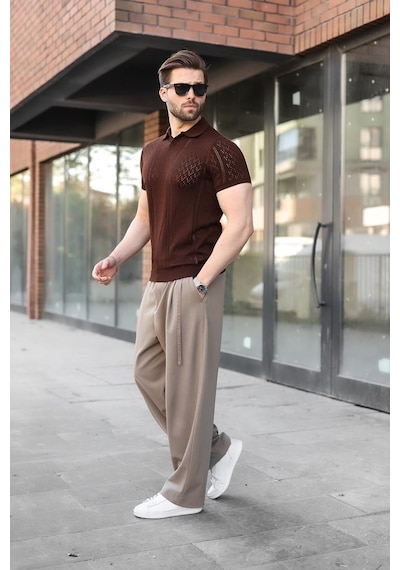 Madmext Kahverengi Delikli Polo Yaka Erkek Triko Tişört E7495