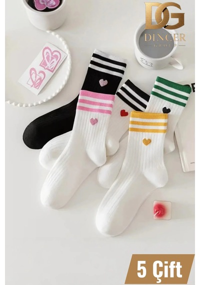 Hitit Socks Kadın 5 Çift Premium Kalite Çizgili Kalp Desenli Günlük Kullanıma Uygun Kolej Çorap Çok  Renkli