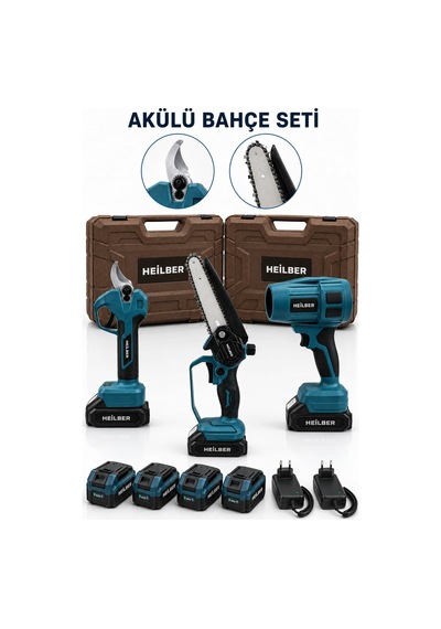Heilber Ba0115385 3'lü Akülü Bahçe Seti Budama Makası Mini Zincirli Testere Üfleme Makinesi 4 Batarya 2 Şarj