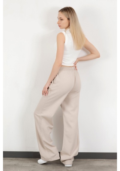 Giysa Kadın Beli Lastikli Bağcıklı Bol Paça Pantolon Taş - 4707 Taş